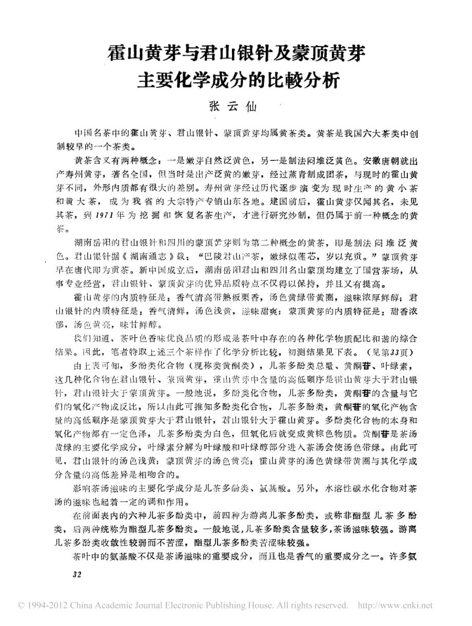 霍山黄芽与君山银针及蒙顶黄芽主要化学成分的比较分析_第1页