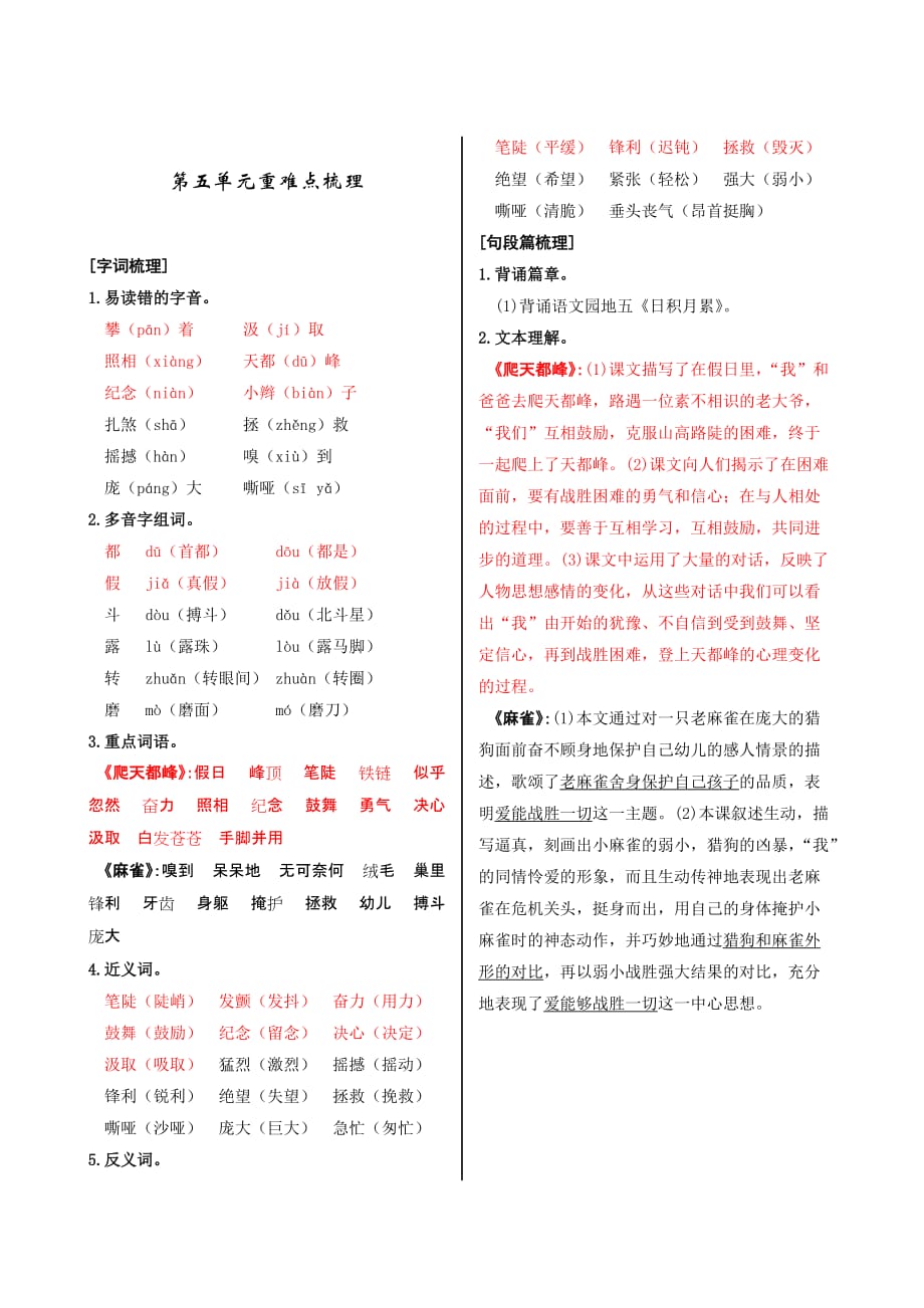 部编版小学语文四年级上册第五单元重难点梳理_第1页