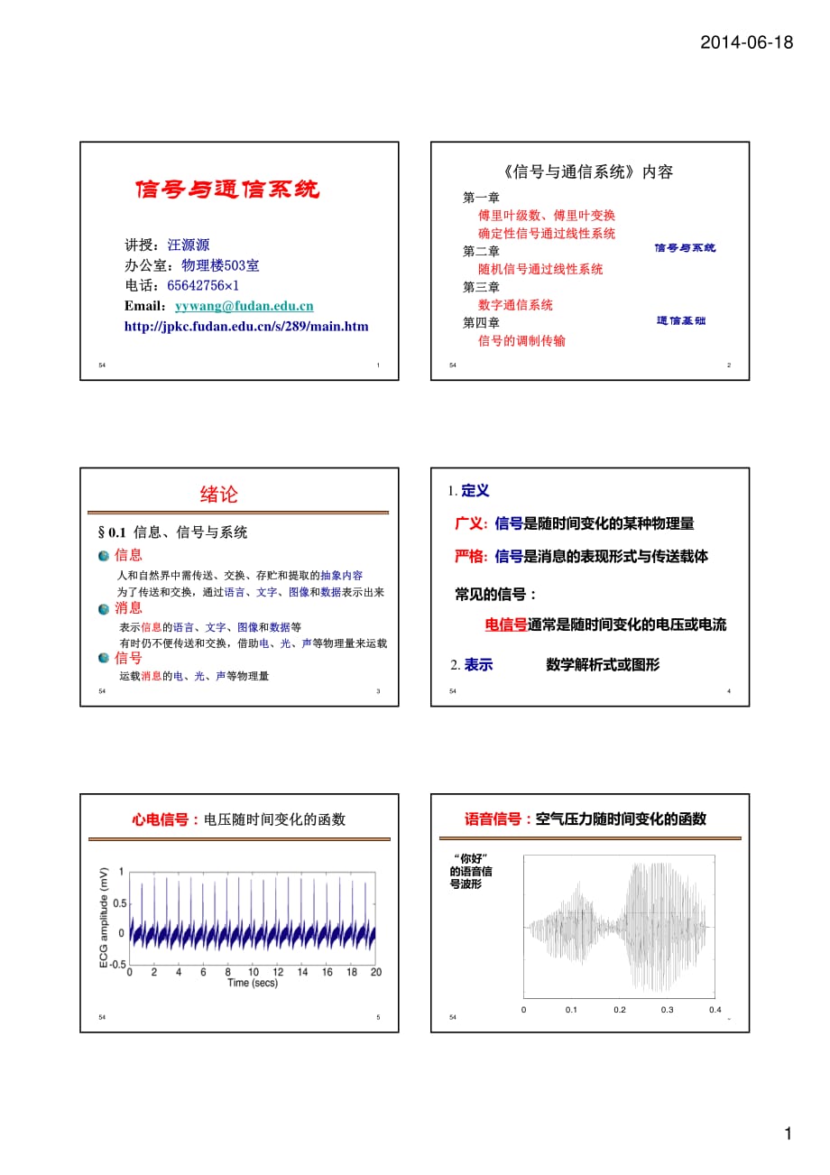 复旦大学精品课程《信号与通信系统》课件,信息、信号、系统及其相互关系课件精品复习资料资料_第1页