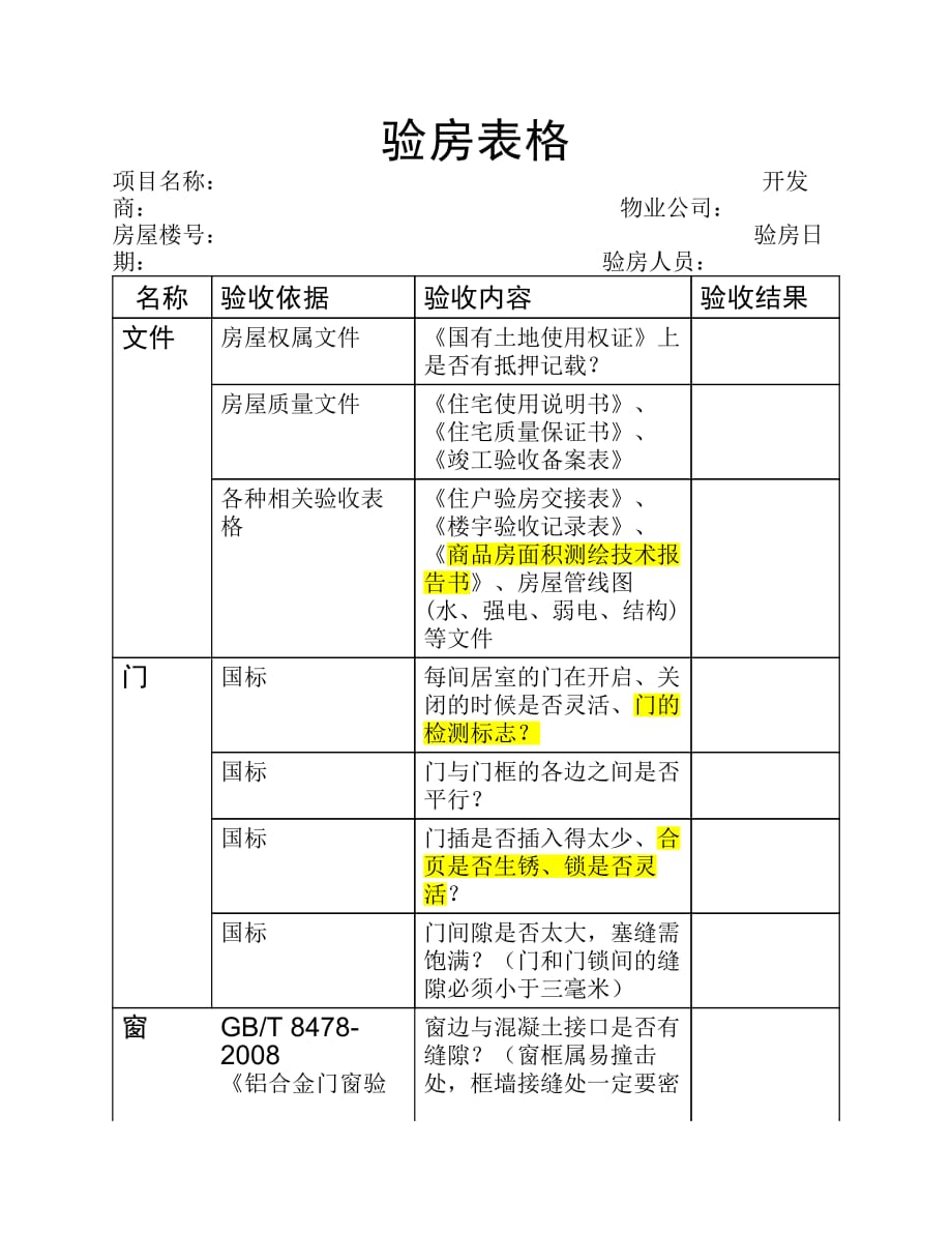 收房验房表格资料_第1页