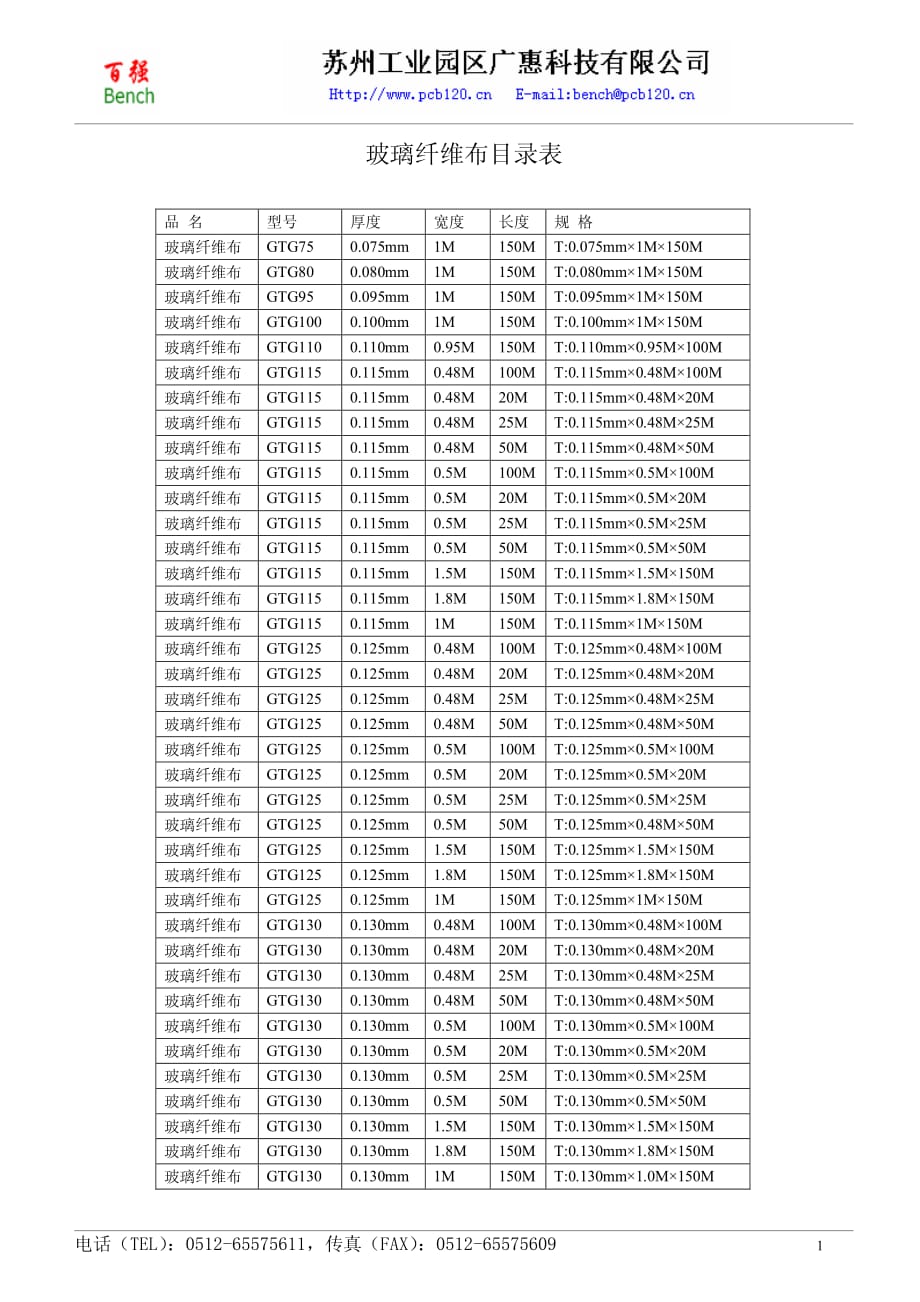 玻璃纤维布目录表_第1页