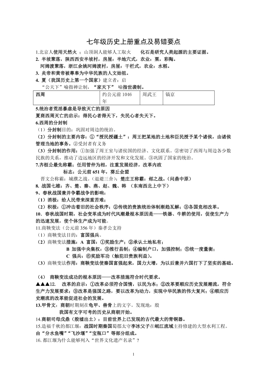 七年级历史上册重点及易错要点_第1页