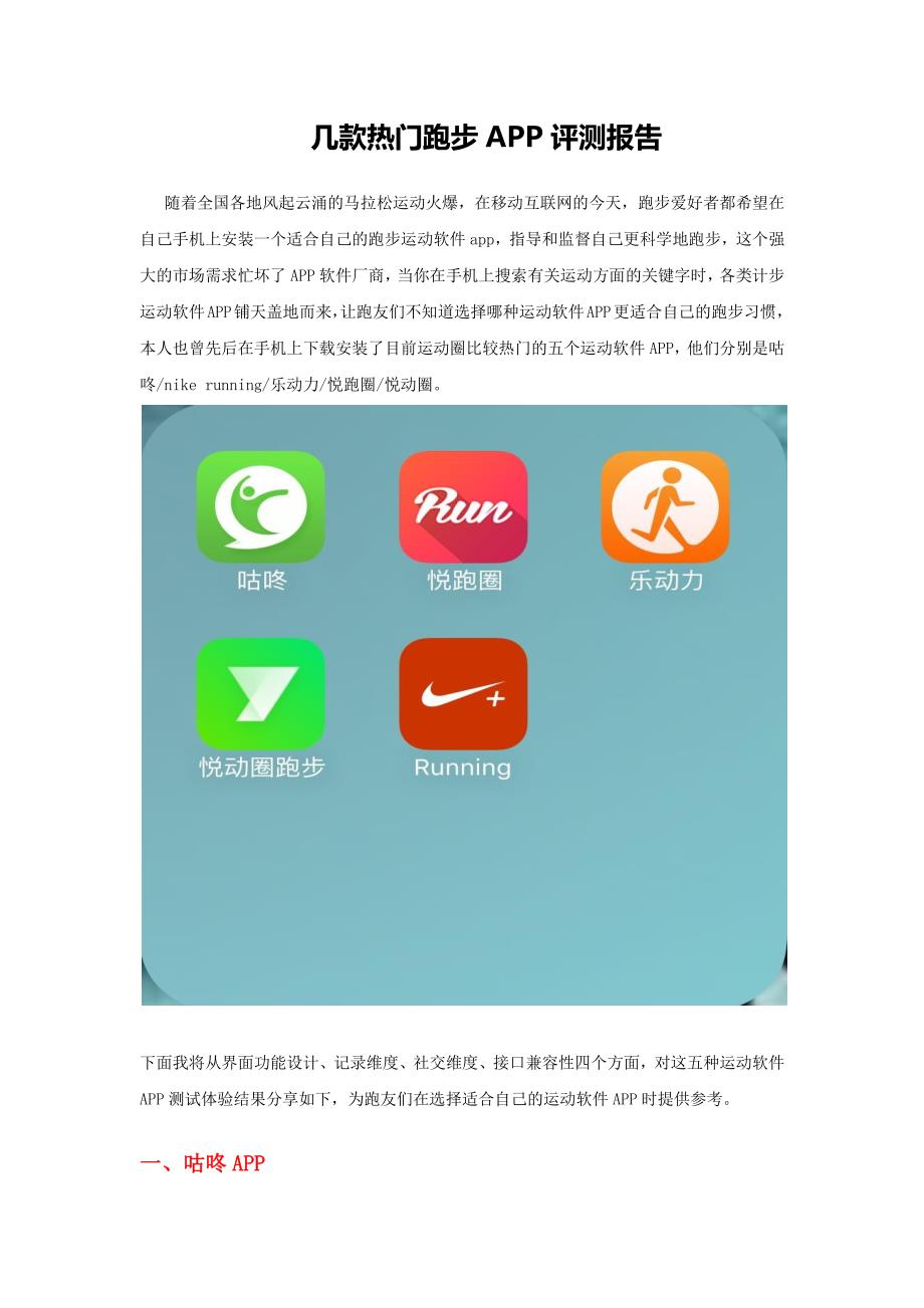 几款热门APP评测报吿Nike+,咕咚,悦动圈,悦跑圈,乐动力资料_第1页
