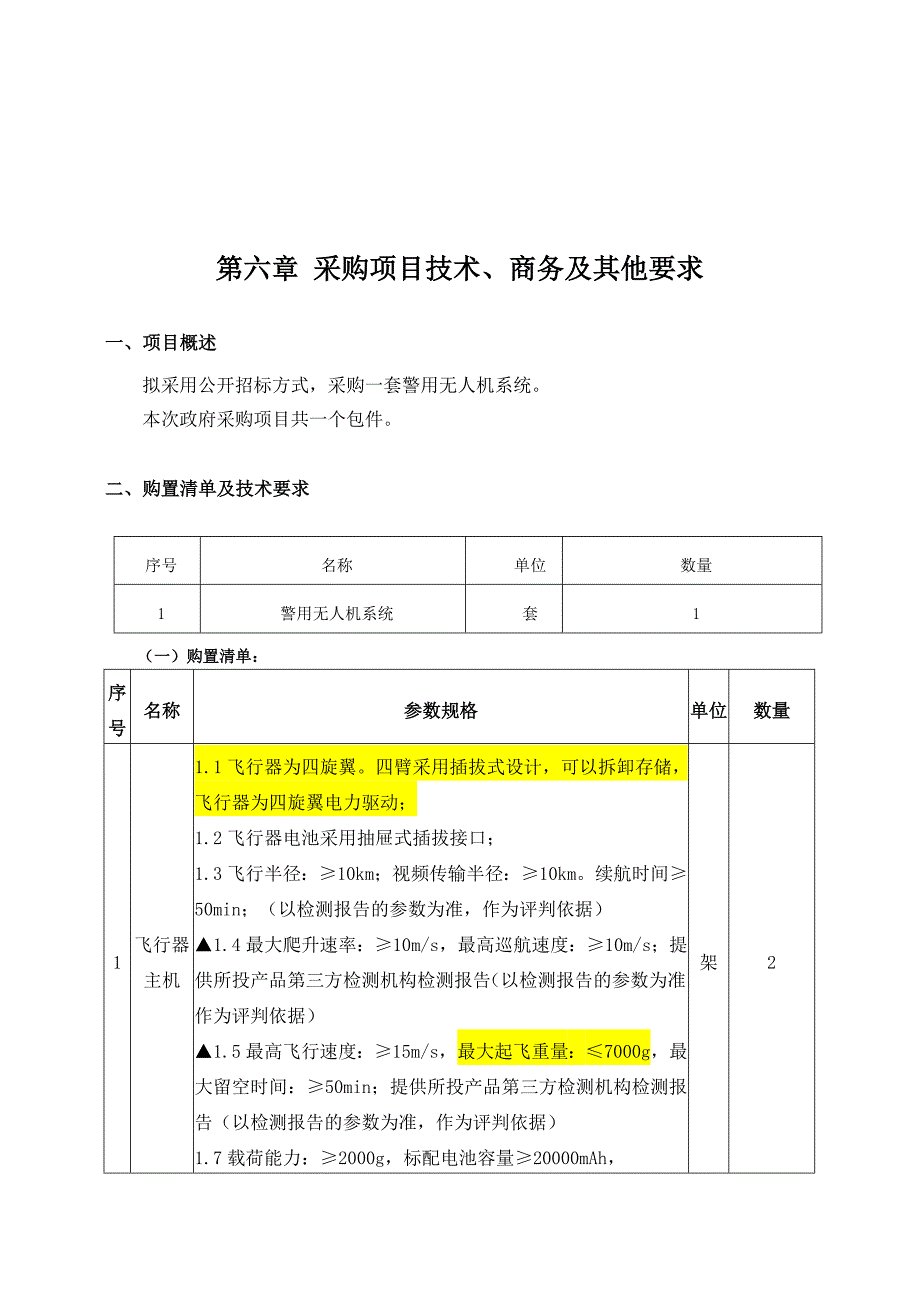 采购项目技术、商务及其他要求（警用无人机系统）_第1页