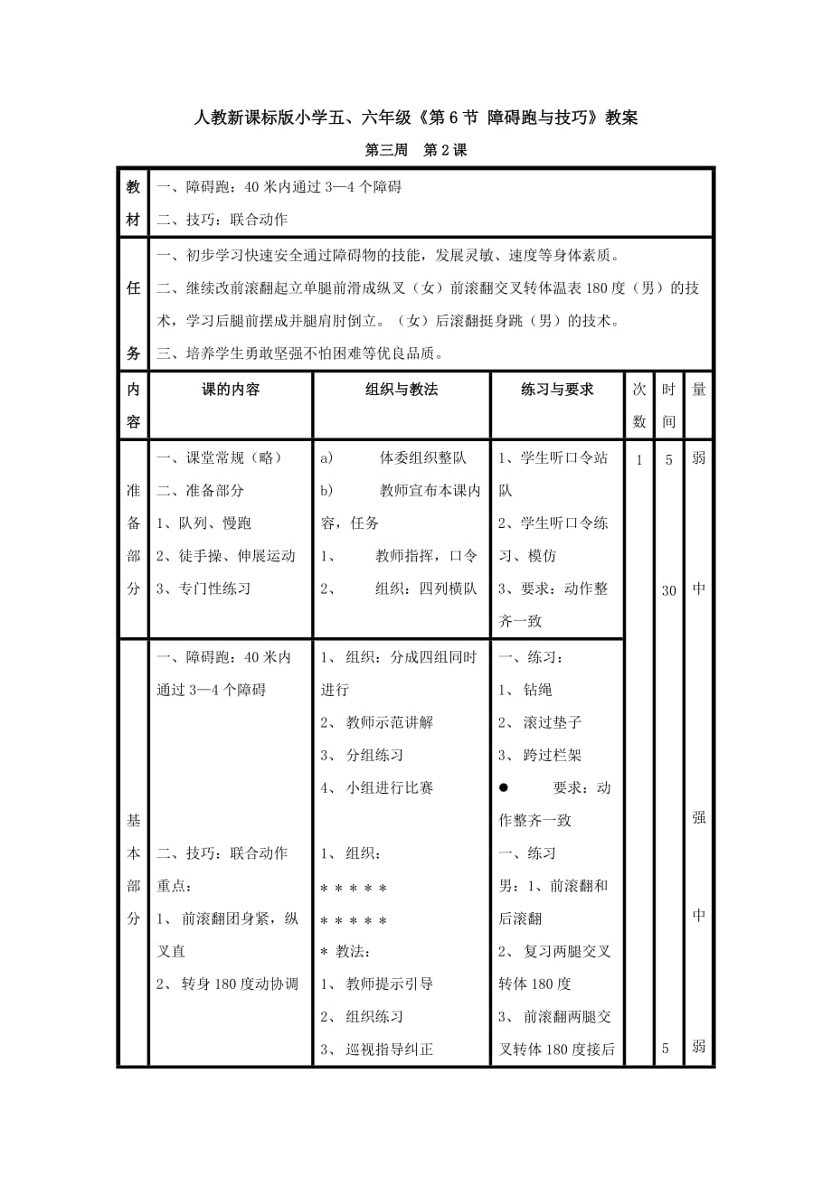 人教新课标版小学五、六年级《第6节 障碍跑与技巧》教案_第1页