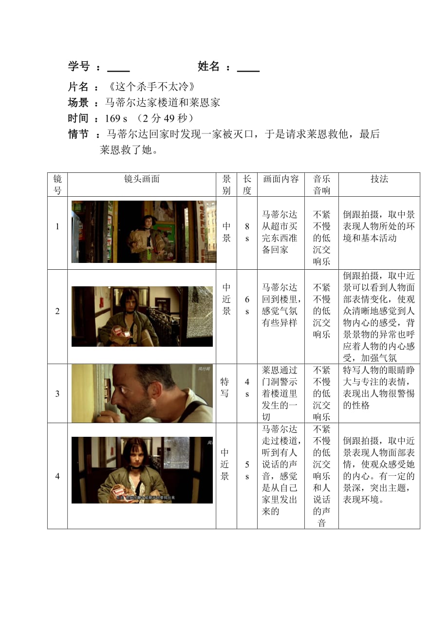 分镜头脚本杀手莱恩拉片作业_第1页
