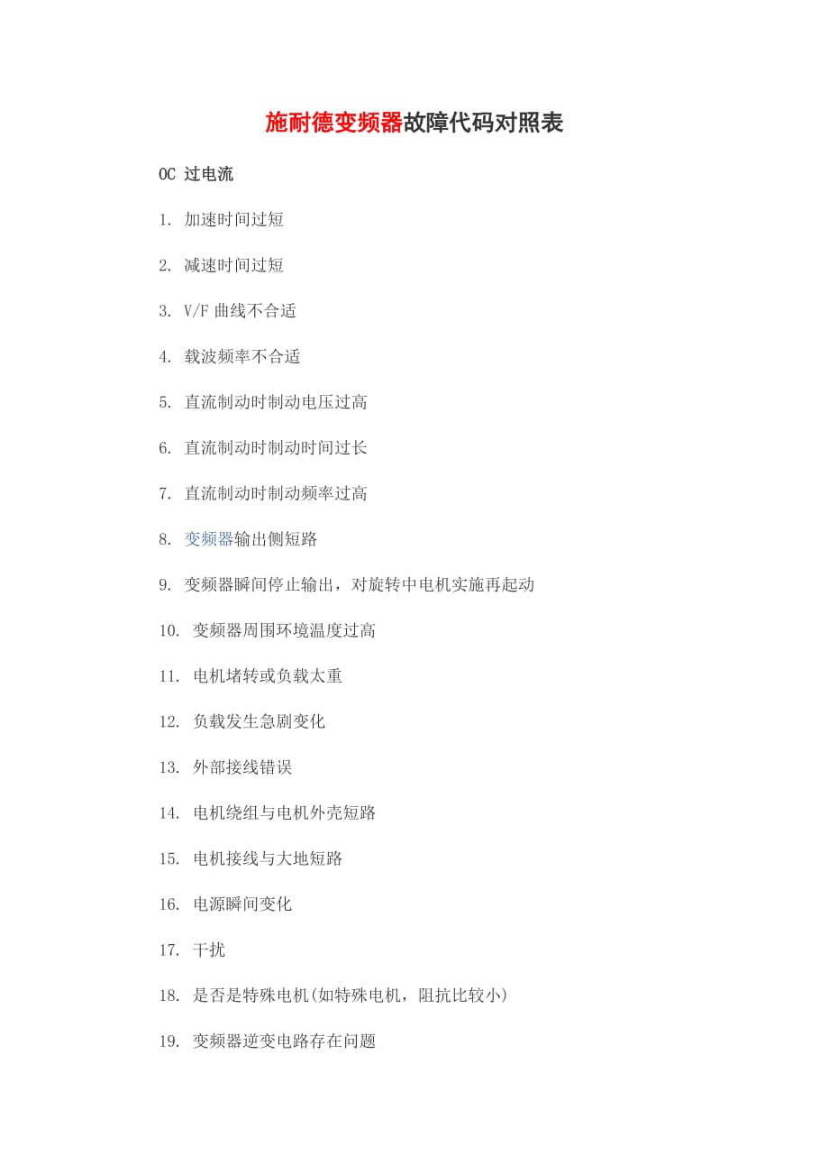 施耐德变频器故障代码专业对照表_第1页
