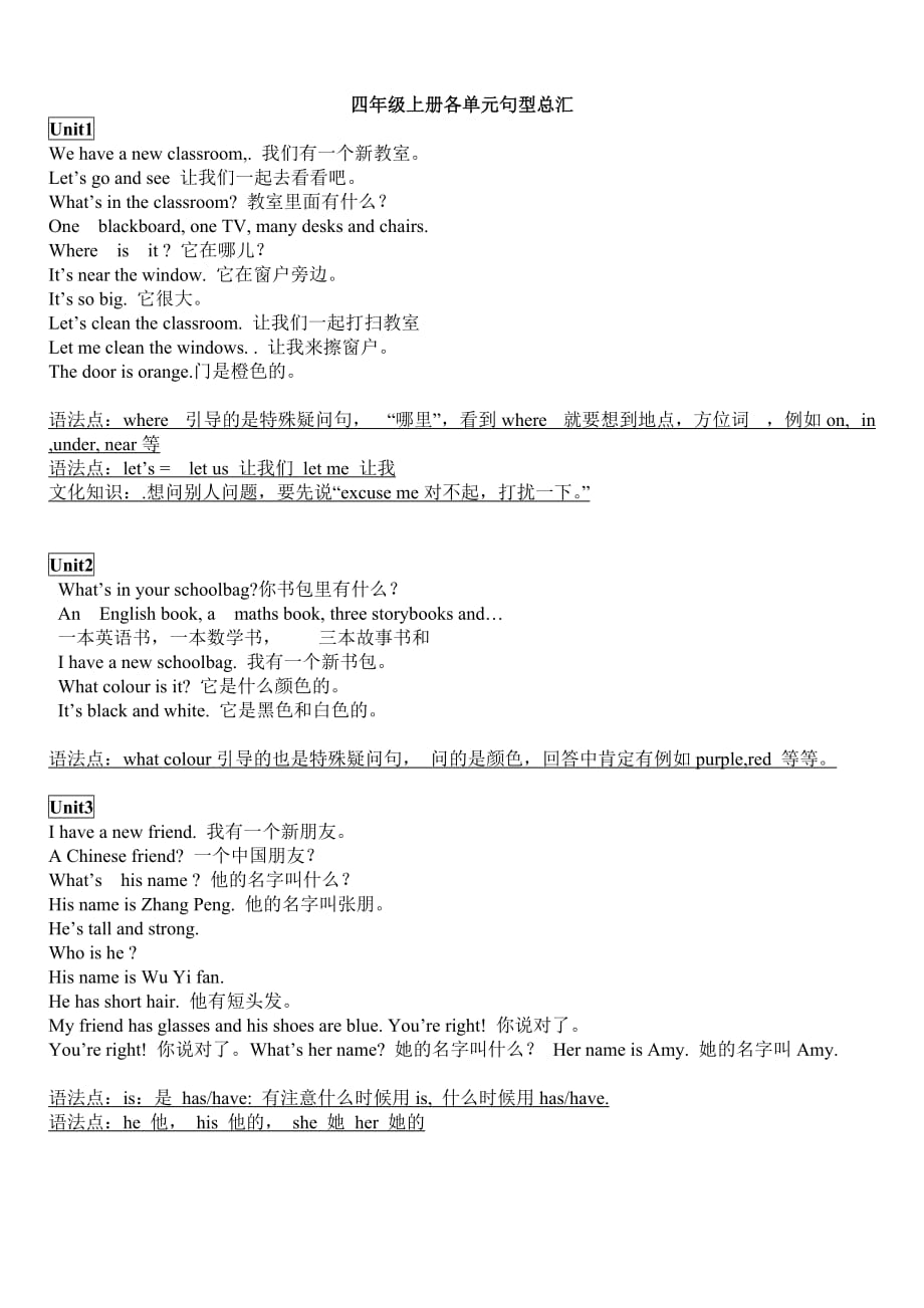 pep小学英语四年级上下册复习重点-单词、句型翻译、语音、语法_第1页