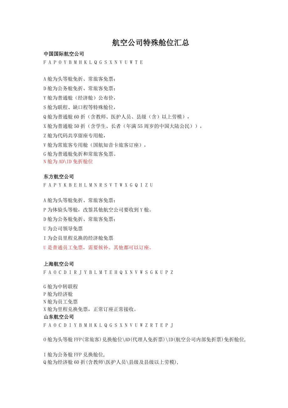 航空公司舱位代码资料_第1页