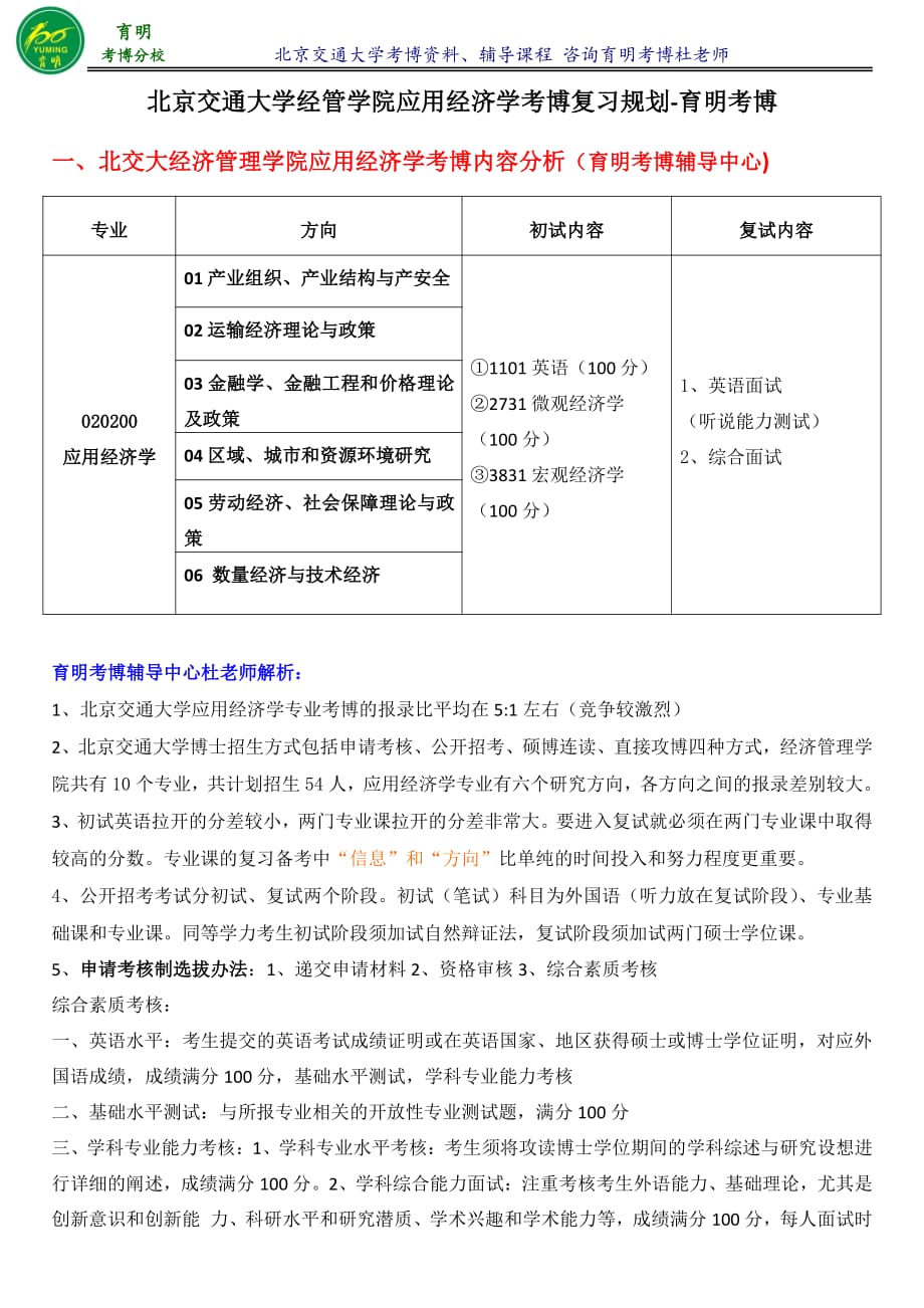 北交大经管学院应用经济学考博参考书解析笔记复试经验-育明考研考博_第1页
