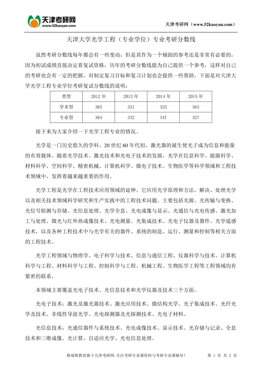 天津大学光学工程专业学位)专业考研分数线_第1页