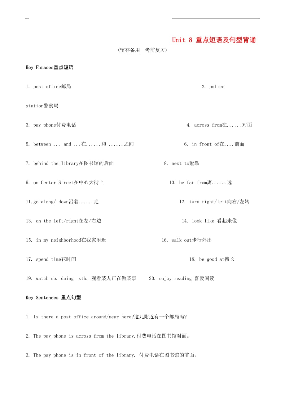 七年级英语上册 Unit 8 Is there a post office near here单词、短语及重点句型 （新版）人教新目标版_第1页