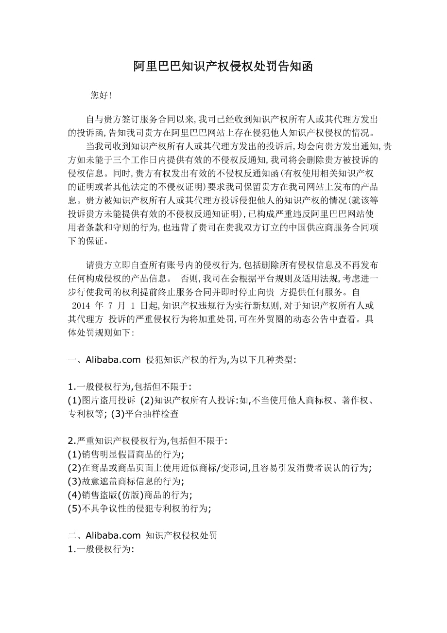 阿里巴巴知识产权侵权处罚告知函_第1页