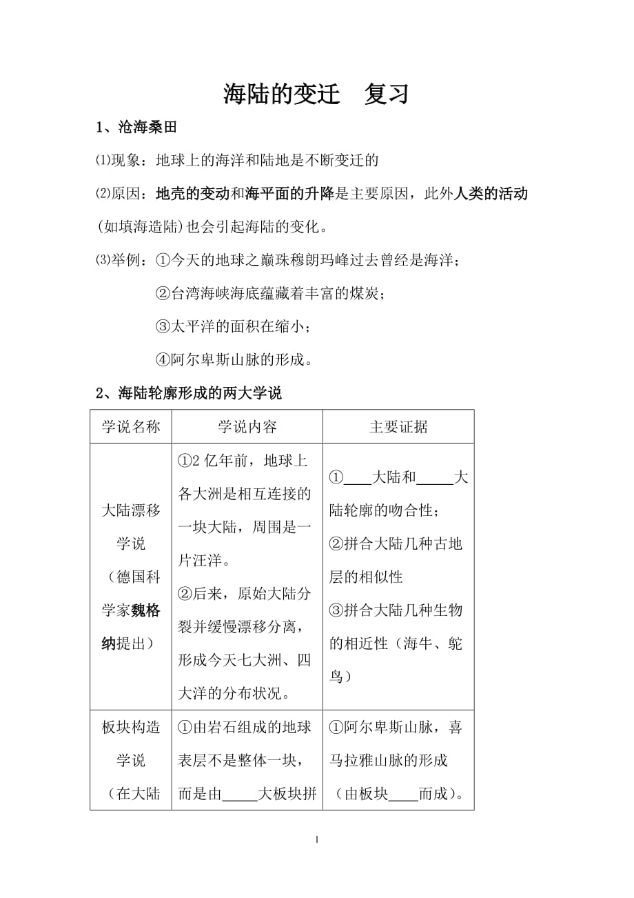 地理人教版初一上册海陆的变迁 复习_第1页