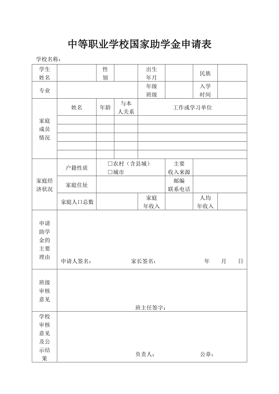 中等职业学校国家助学金申请表模板_第1页