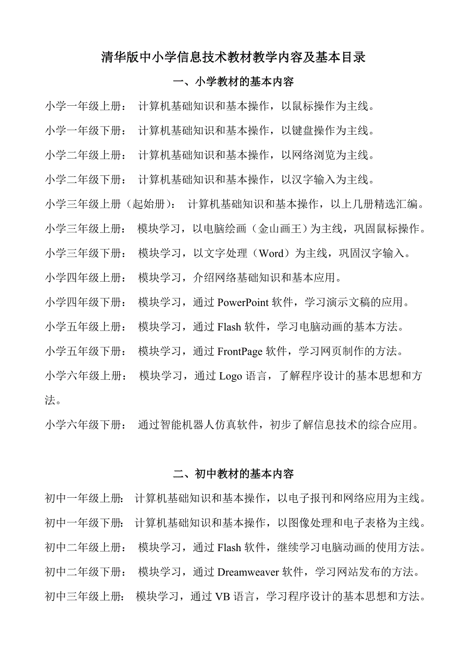 清华大学版中小学信息技术教材教学内容及基本目录_第1页
