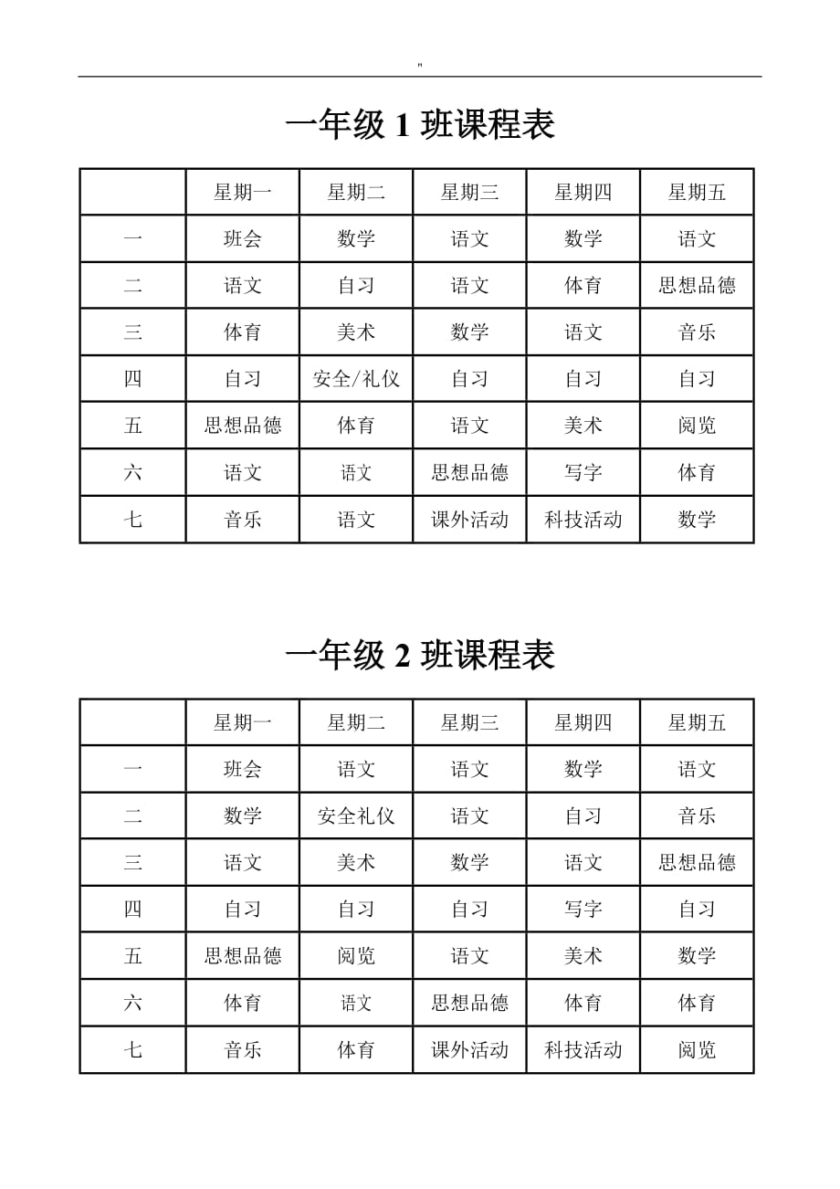小学课程教学计划规划表详细版_第1页