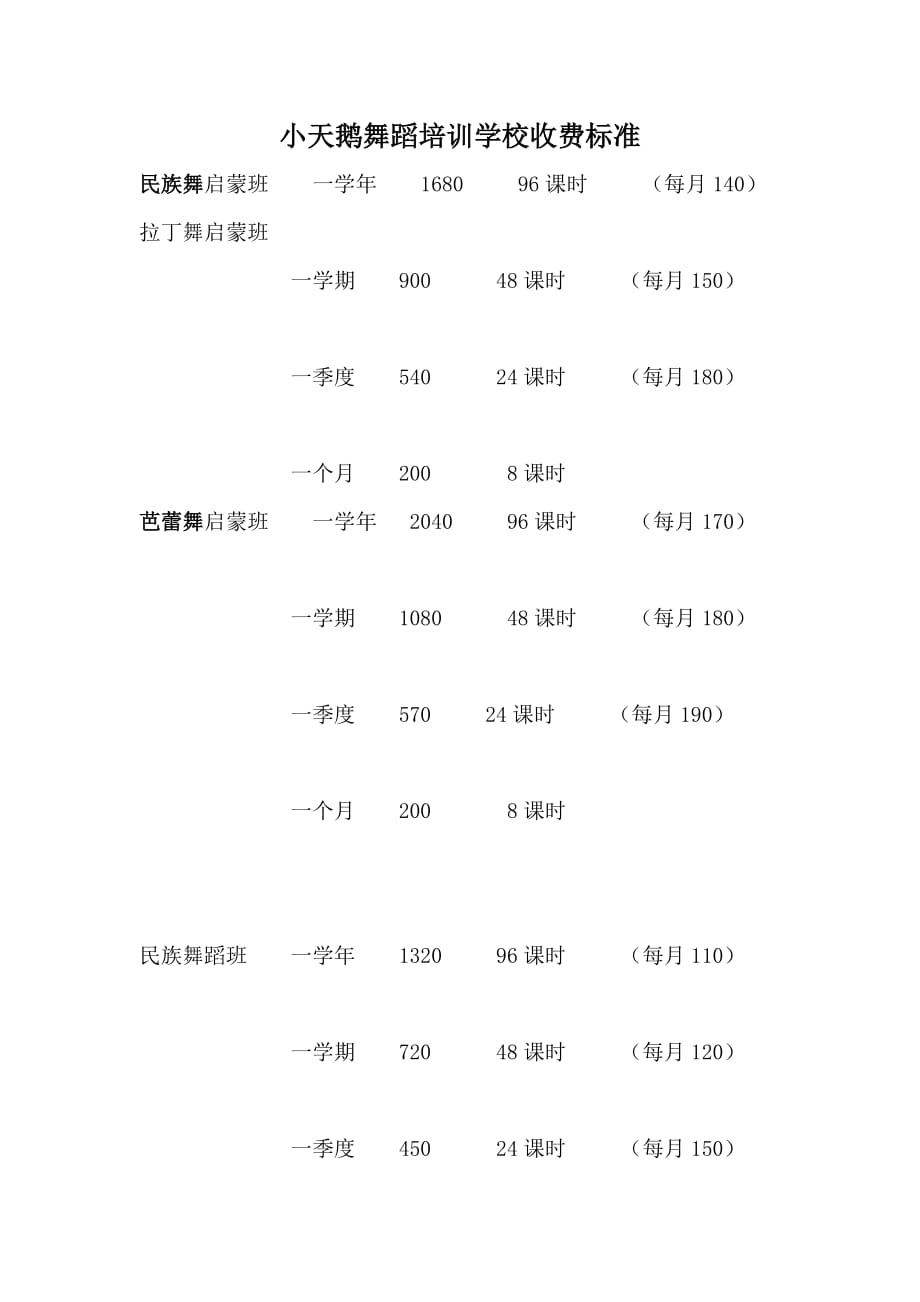 小天鹅舞蹈培训学校收费标准1_第1页