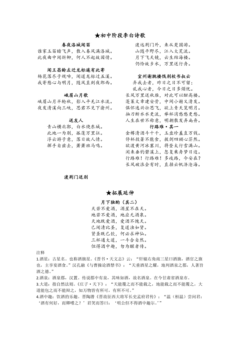 语文人教版九年级下册附录初中阶段李白诗歌_第1页