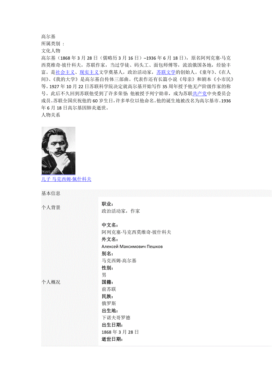 语文人教版八年级下册高尔基生平简介_第1页