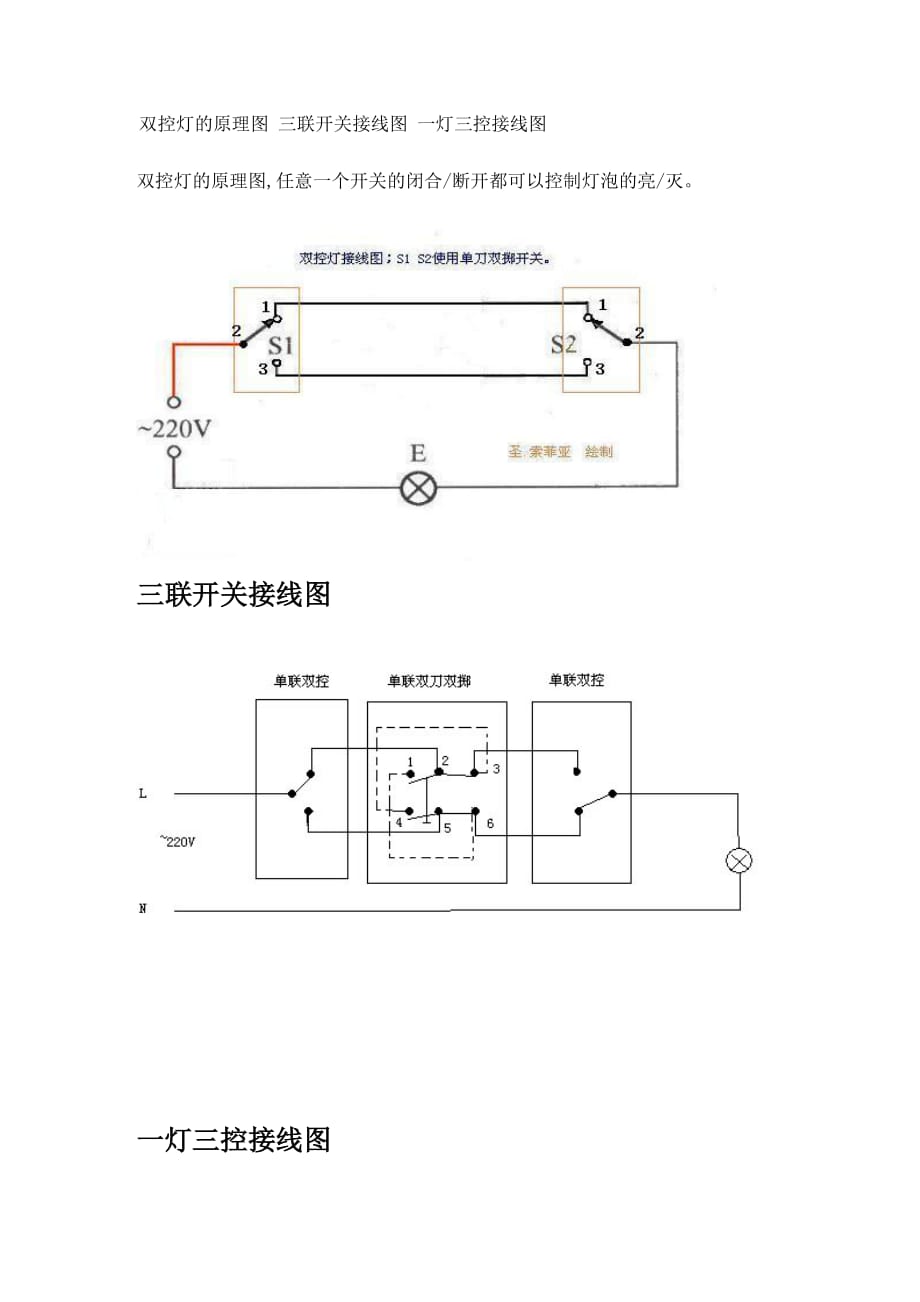 双控灯的原理图-三联开关接线图-一灯三控接线图_第1页