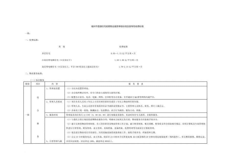 福州市普通住宅前期物业服务等级标准及指导性收费标准.doc_第1页