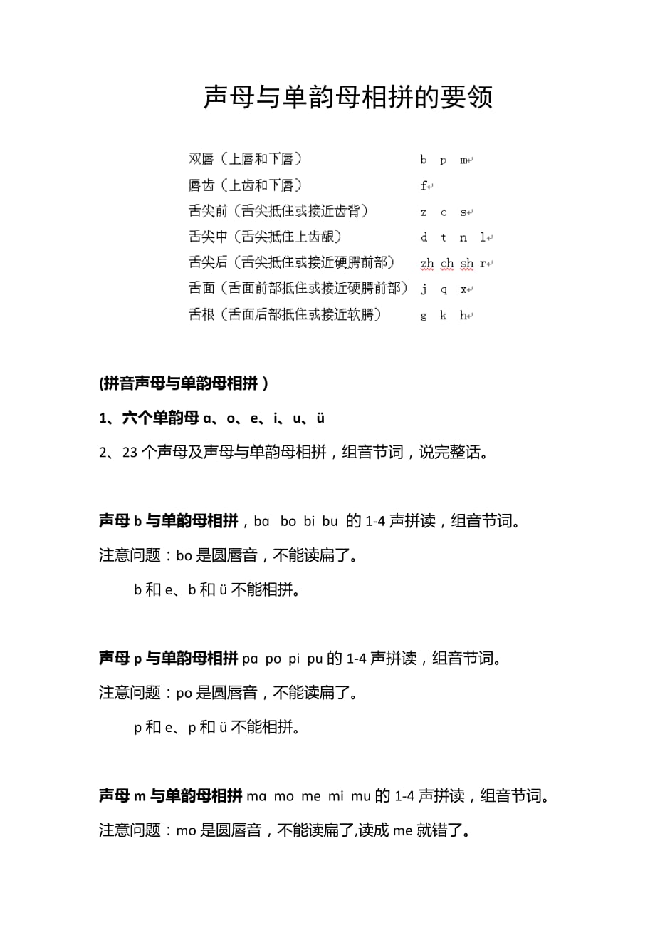 声母与单韵母相拼的要领.doc_第1页