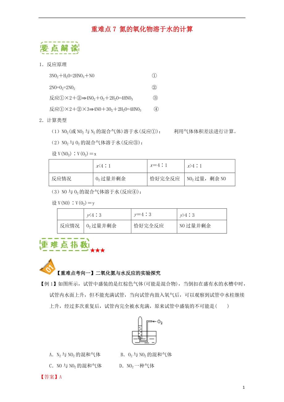 高中化学 第四章 非金属及其化合物 重难点7 氮的氧化物溶于水的计算（含解析）新人教版必修1_第1页