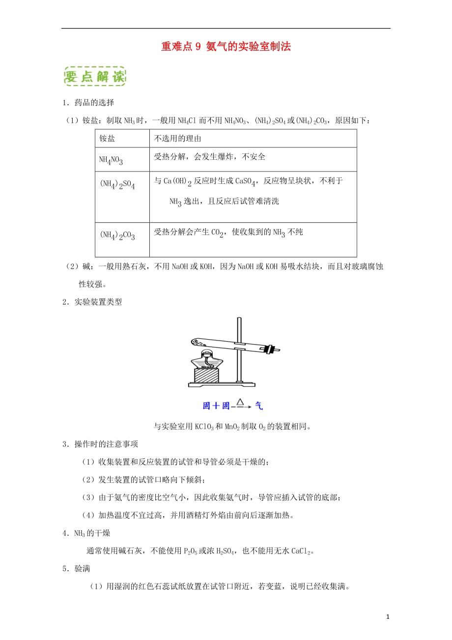 高中化学 第四章 非金属及其化合物 重难点9 氨气的实验室制法（含解析）新人教版必修1_第1页