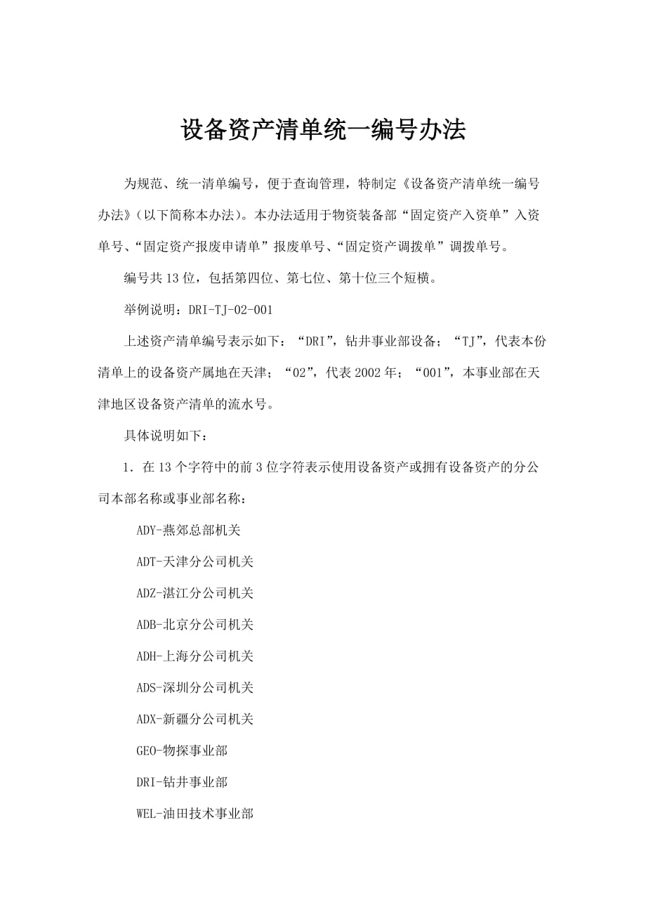 （设备管理）设备资产清单统一编号办法_第1页