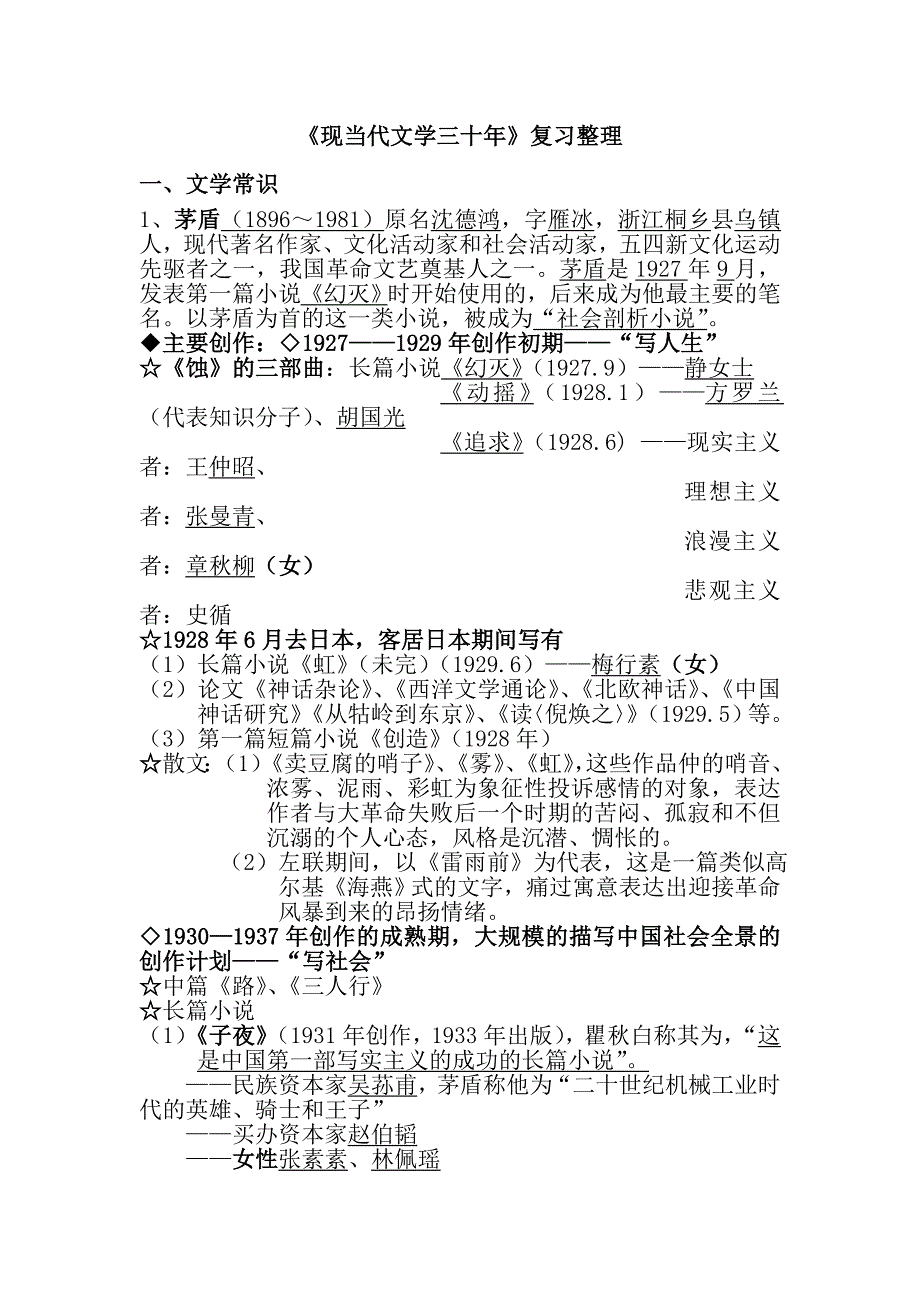 汉语言文学(本科)-现当代文学三十年重点知识点期末复习整理_第1页