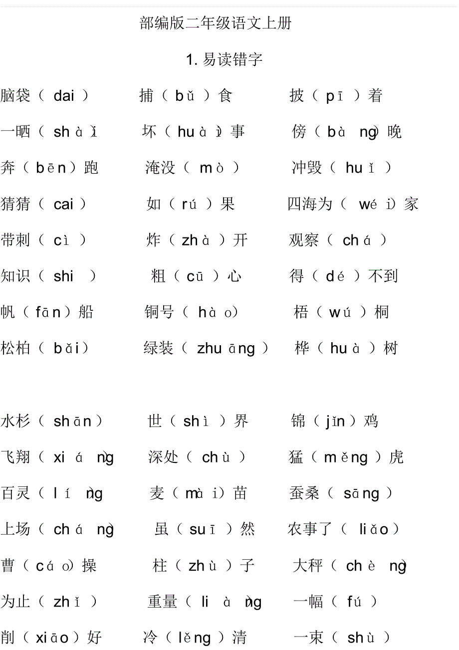 二年级上册语文素材：期末易读错、写错汉字汇总人教部编版_第1页