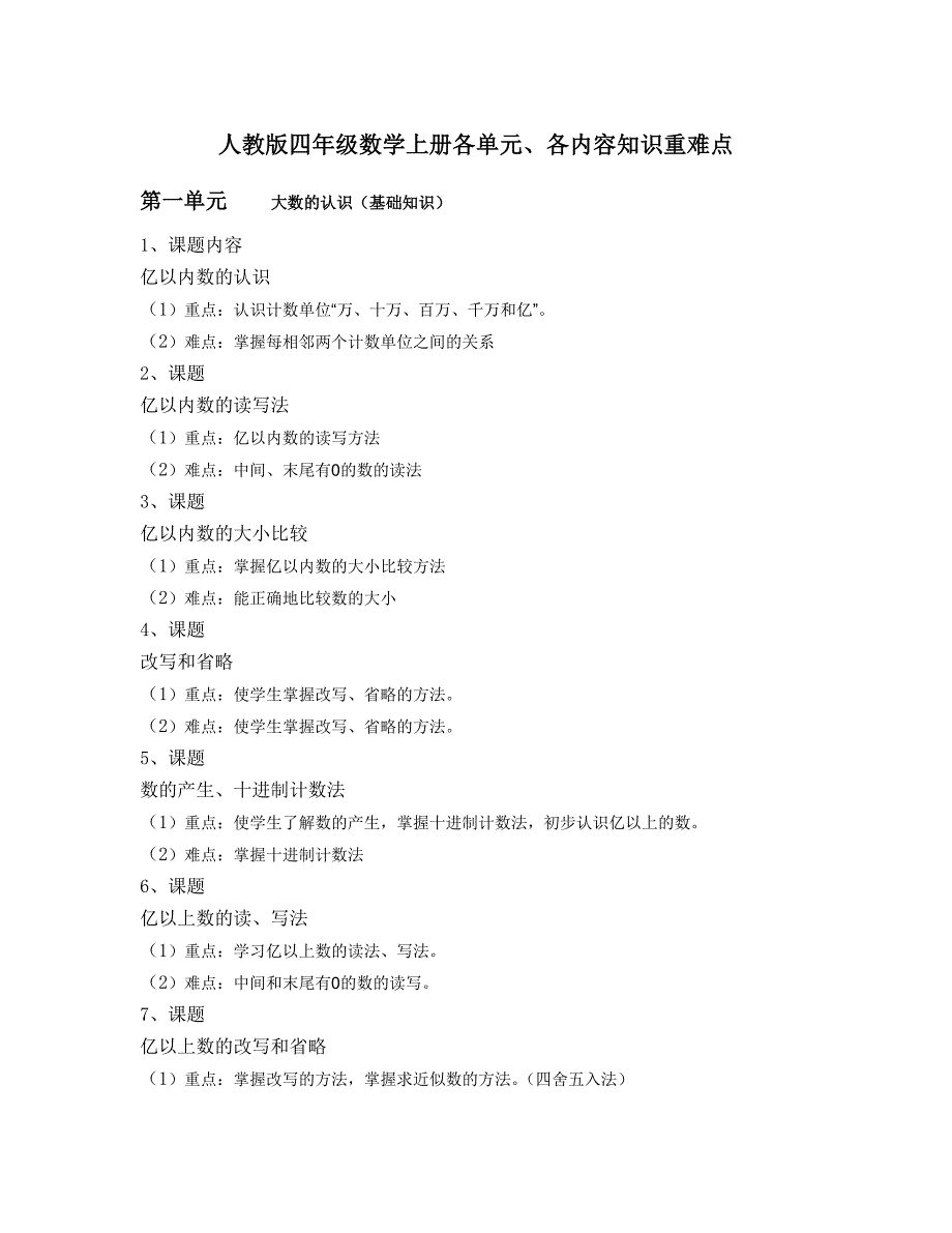 人教版四年级数学上册各单元、各内容知识重难点--修订编选_第1页