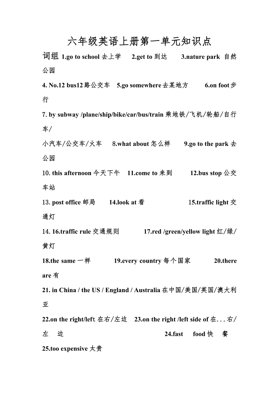 六年级英语上册第一单元知识点-修订编选_第1页