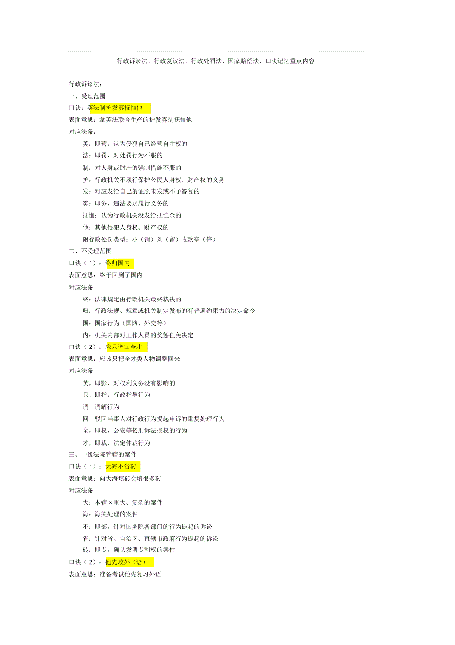 行政诉讼法、行政复议法、行政处罚法、国家赔偿法、口诀记忆重点内容_第1页