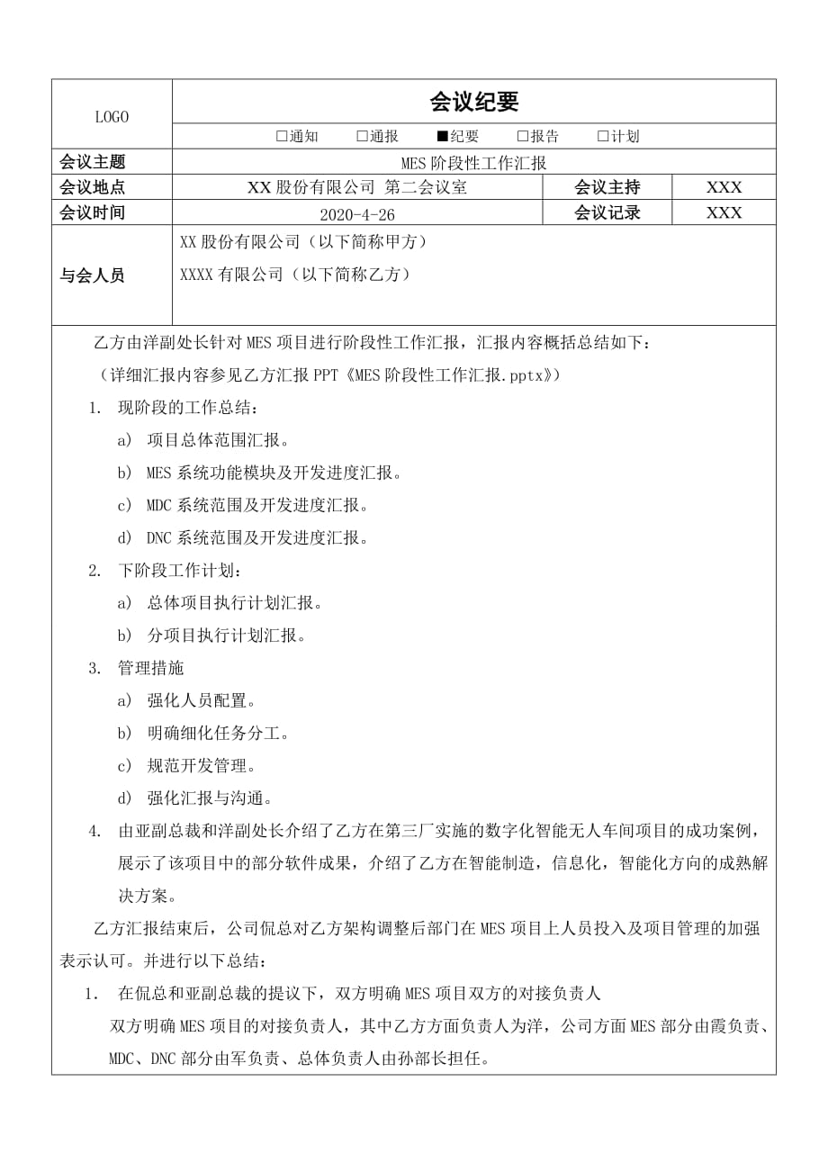 MES系统会议纪要模板_第1页