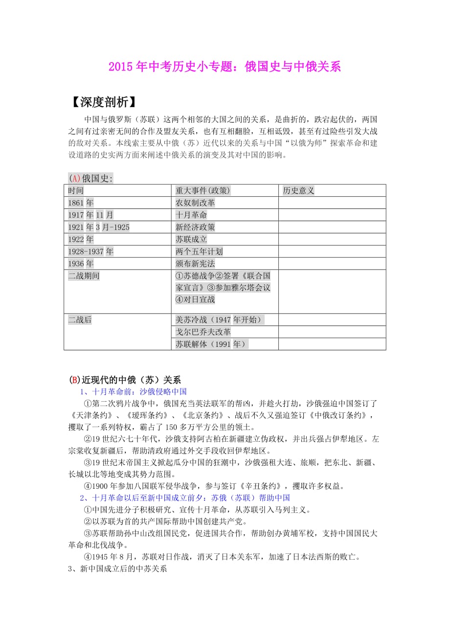 2015年中考总复习历史专题1：俄国史与中俄关系_第1页