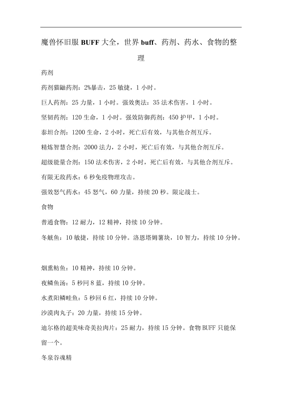 魔兽怀旧服BUFF大全世界buff、药剂、药水、食物的整理.docx_第1页