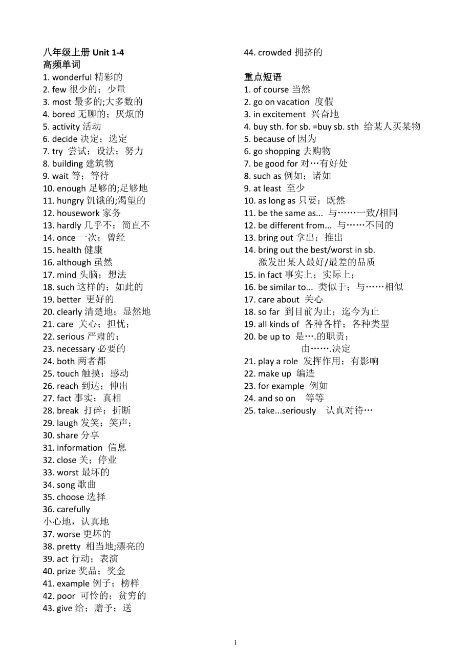 八年级高频单词与重点词组归纳.doc_第1页