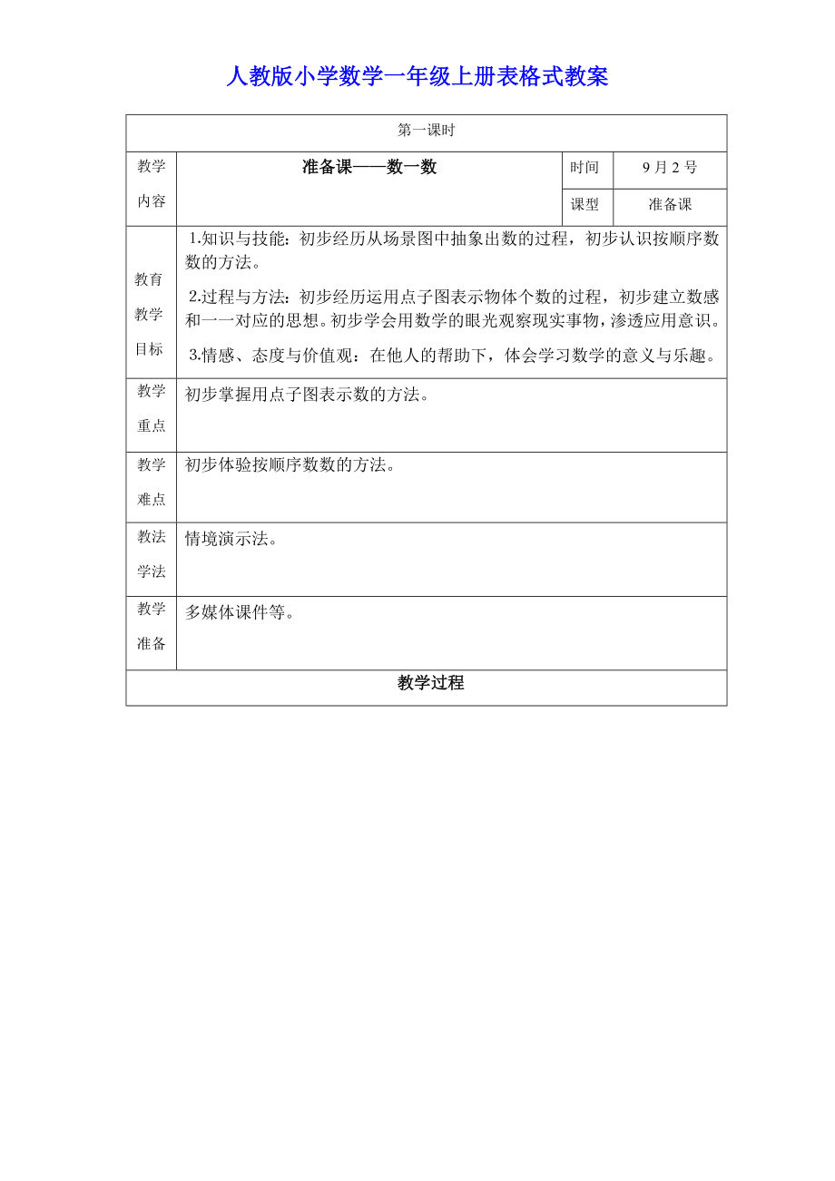 人教版小学数学一年级上册表格式教案_第1页