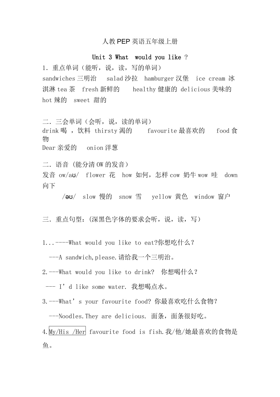 人教PEP版英语五年级上册Unit 3重点知识归纳_第1页