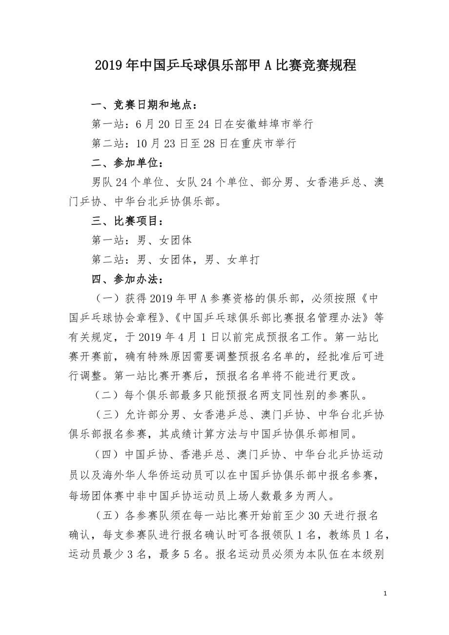 2019年中国乒乓球俱乐部甲A比赛竞赛规程_第1页