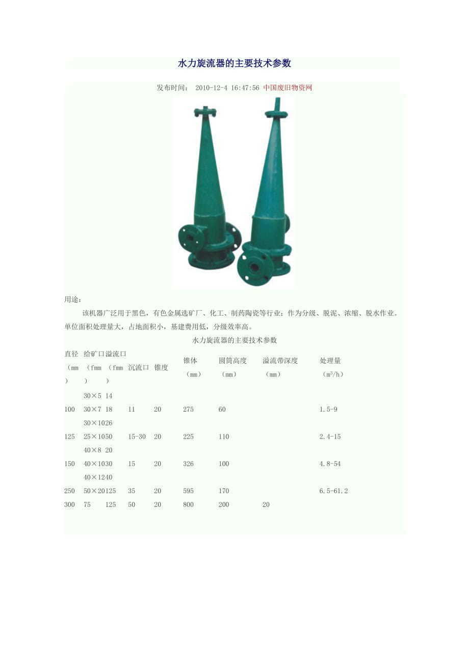 水力旋流器的主要技术参数_第1页
