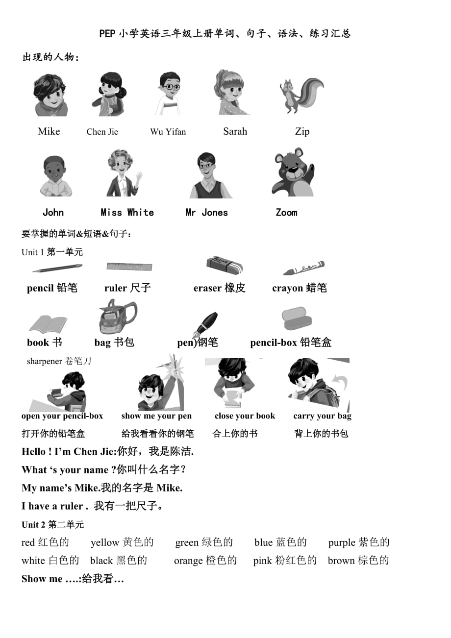 最新pep人教版三年级英语上册单词、句子、语法、练习汇总_第1页