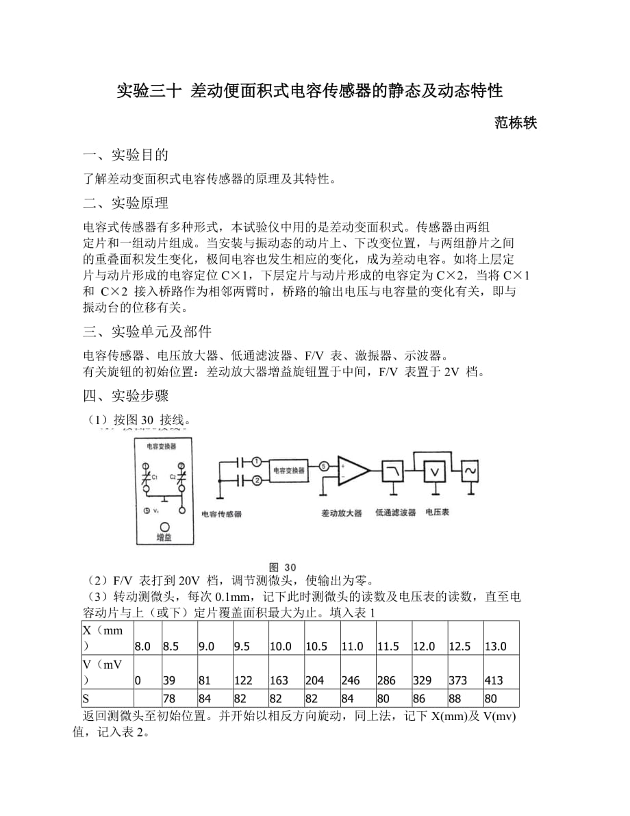 实验三十差动便面积式电容传感器的静态及动态特性_第1页
