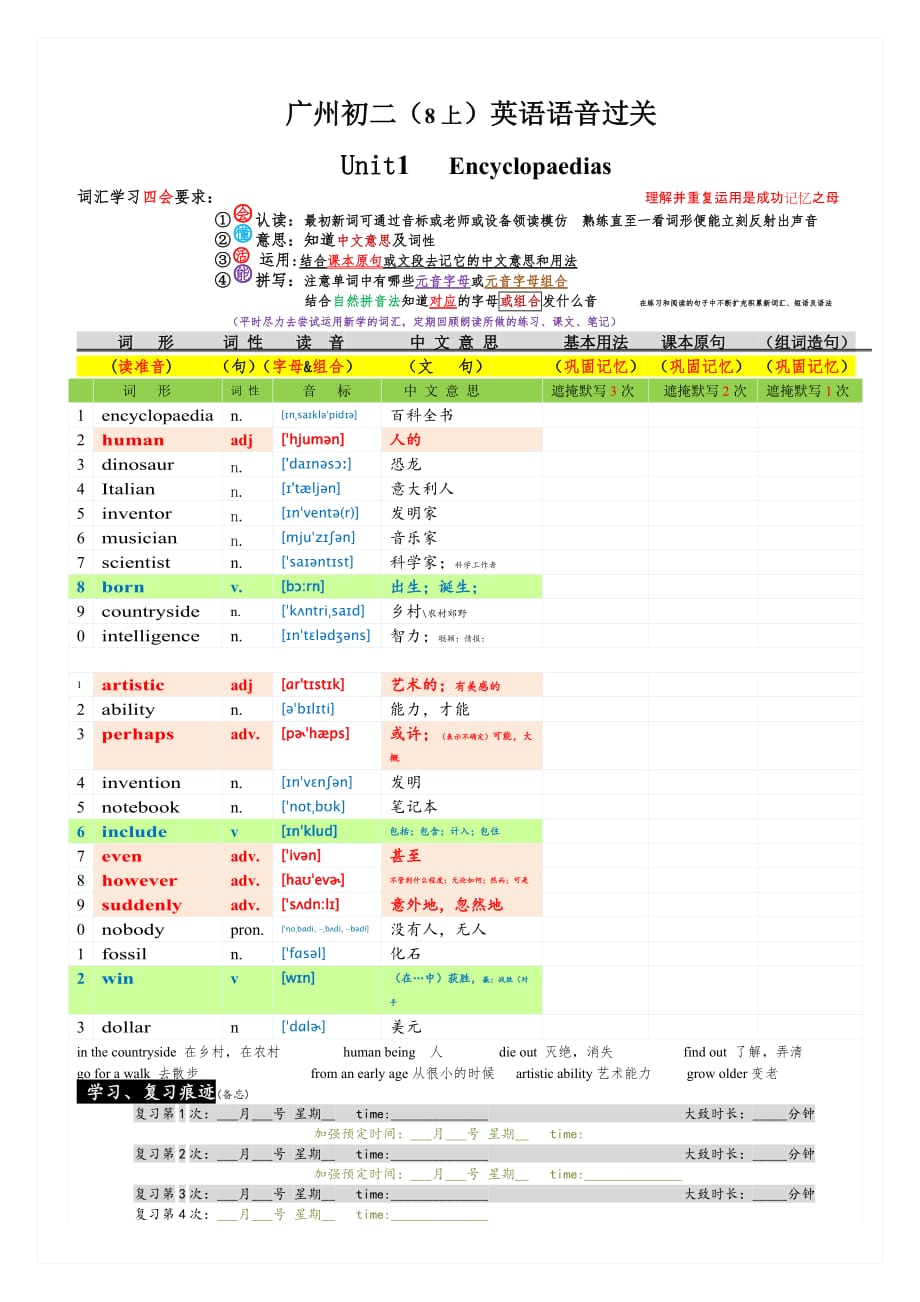 广州英语单词(含音标)-初二8年级上-沪教广深版_第1页