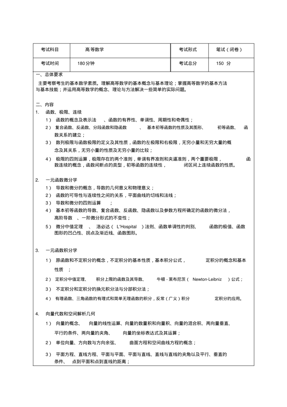 考试科目高等数学考试形式笔试闭卷考试时间180分钟考试总分150_第1页