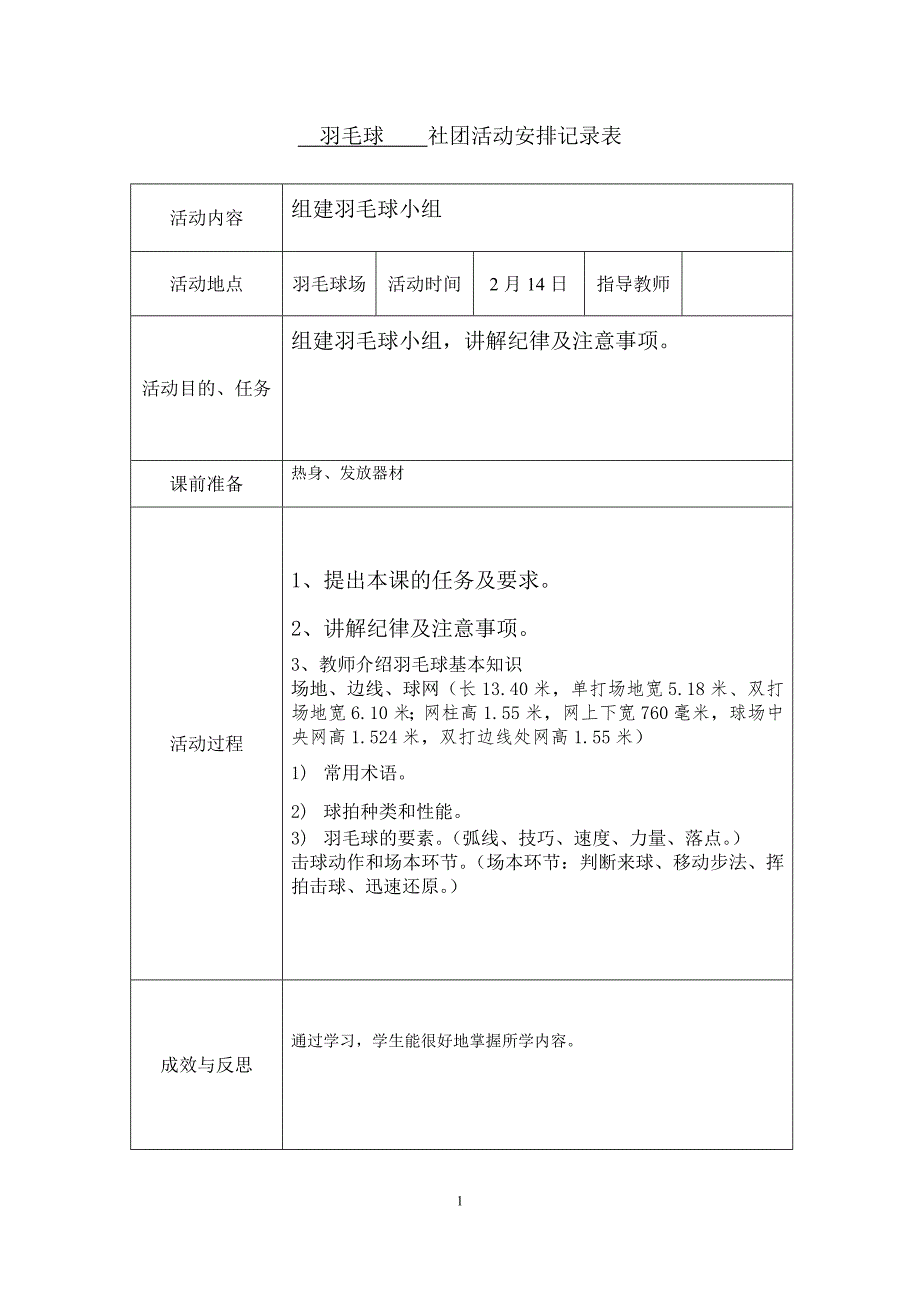羽毛球小组活动记录表9965 修订-可编辑_第1页
