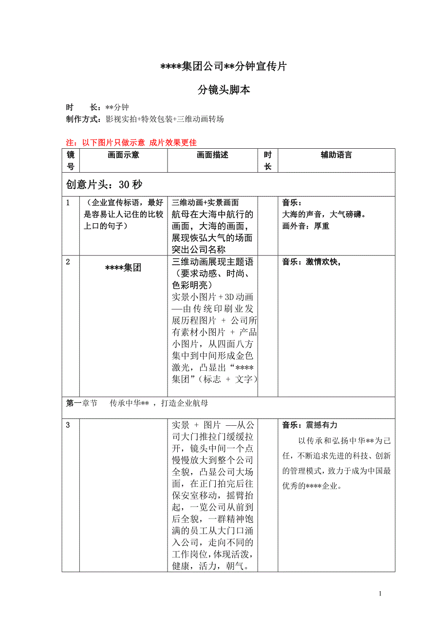 公司宣传片分镜头必备脚本模板4824 修订-可编辑_第1页