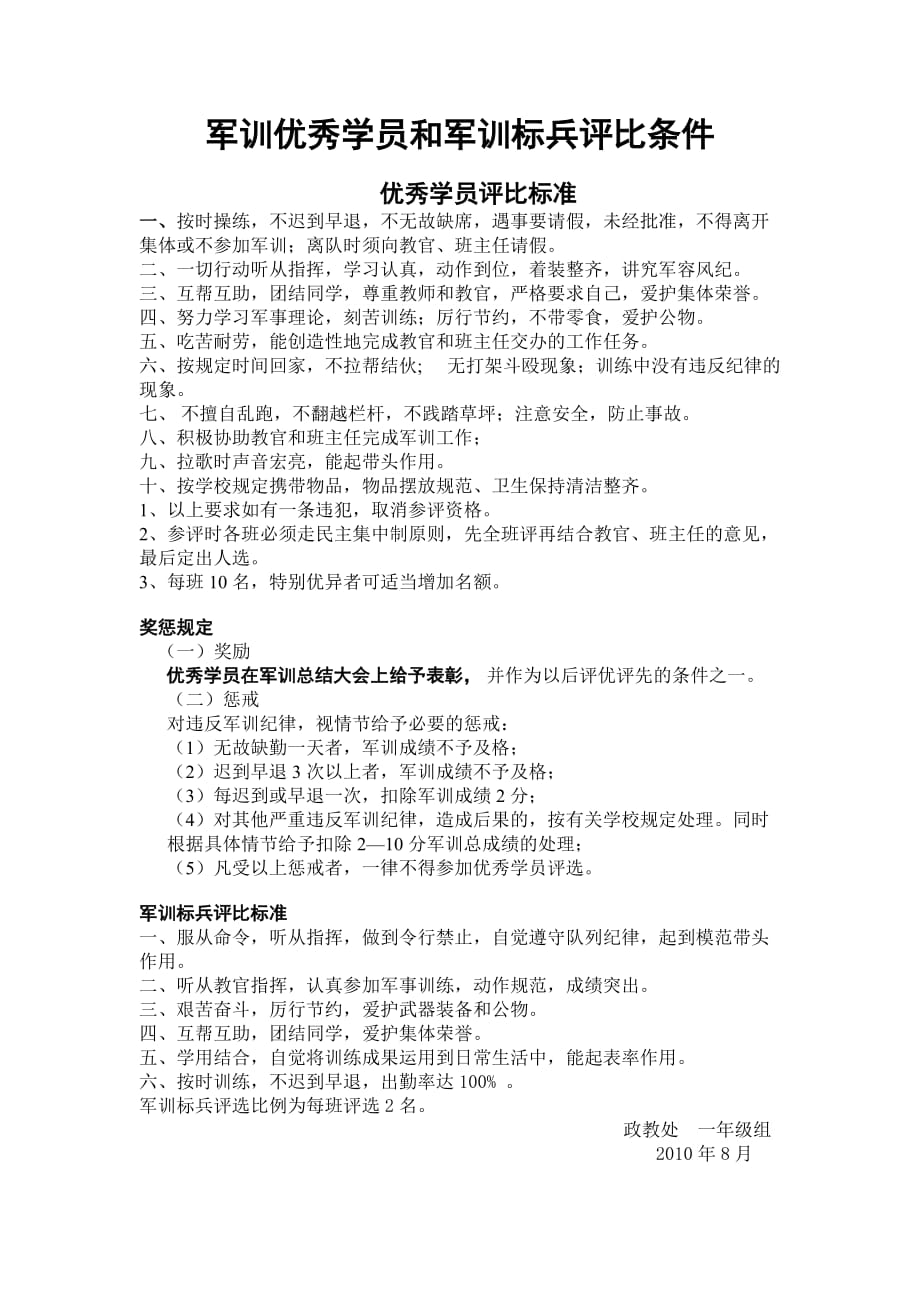 军训优秀学员和军训标兵评比条件 修订-可编辑_第1页